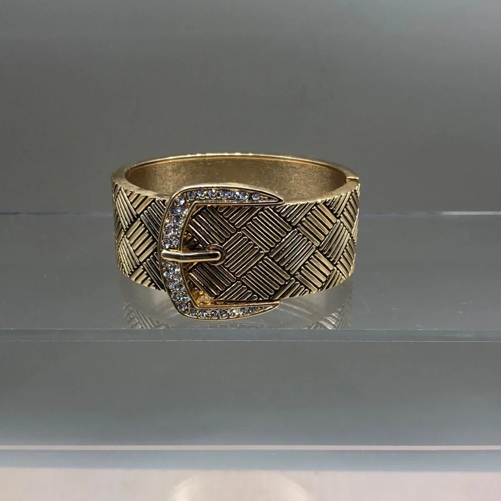 Textured belt belted look  rhinestone wide clamper bracelet designer style